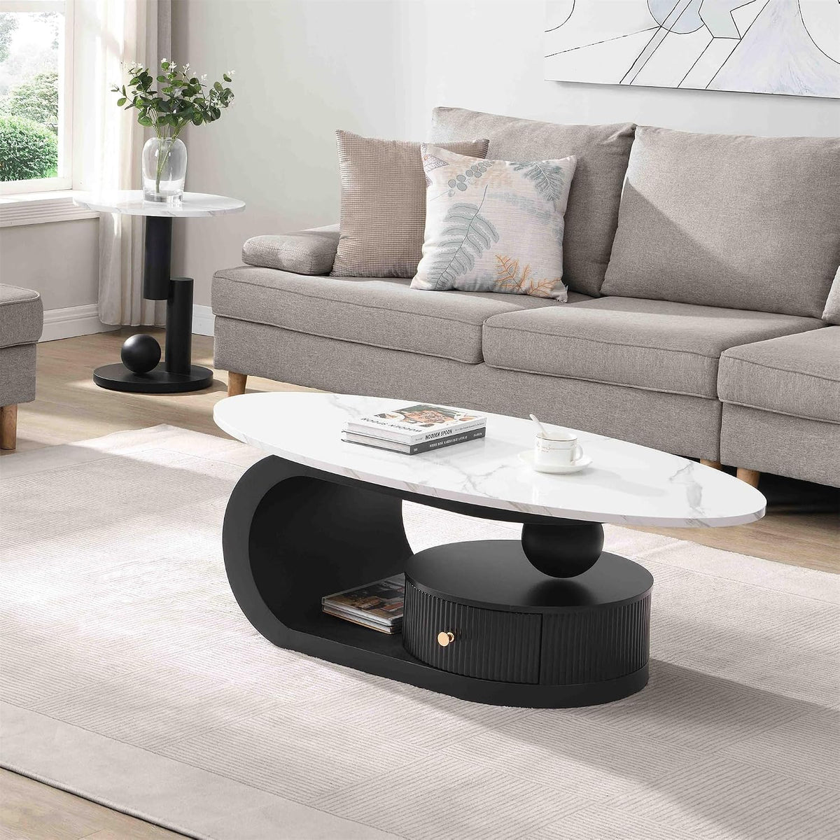 SSLine Luxury Nesting Coffee Table Set with Black Base Modern Faux Marble Living Room Table Set of 2 Include Oval Coffee Table with Drawer and End Table for Living Room Bedroom