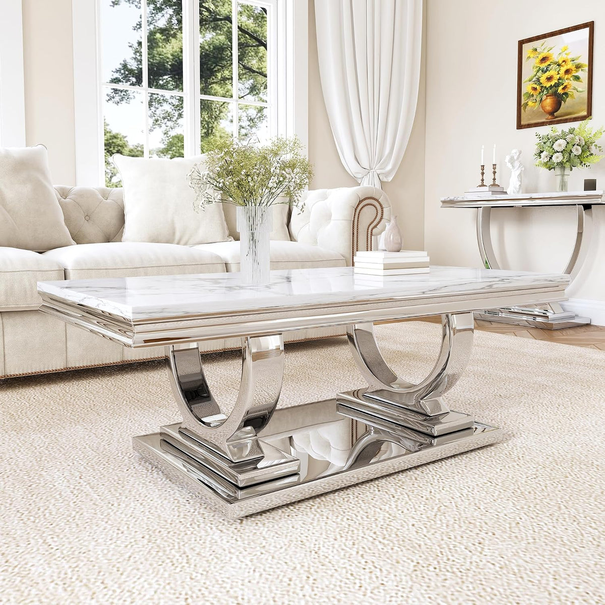 Luxury Marble Coffee Table, 47' Rectangle Coffee Table with Faux Marble Tabletop & Silver Stainless Steel Base, Modern Center Table for Living Room, Office