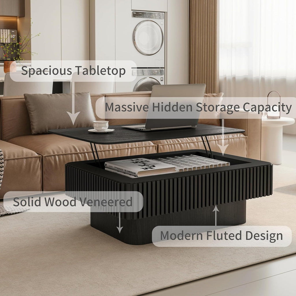 Lift Top Coffee Table with Storage, 38.6' Farmhouse Coffee Table with Lift Top, Modern Drum Wooden Fluted Coffee Center Tea Tables with Hidden Storage Compartment for Living Room Apartment,Black