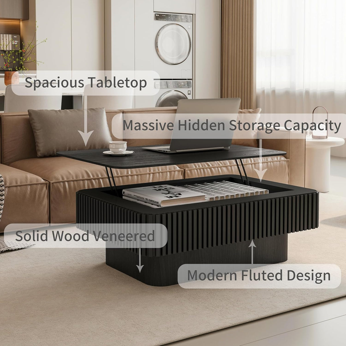 Lift Top Coffee Table with Storage, 38.6' Farmhouse Coffee Table with Lift Top, Modern Drum Wooden Fluted Coffee Center Tea Tables with Hidden Storage Compartment for Living Room Apartment,Black