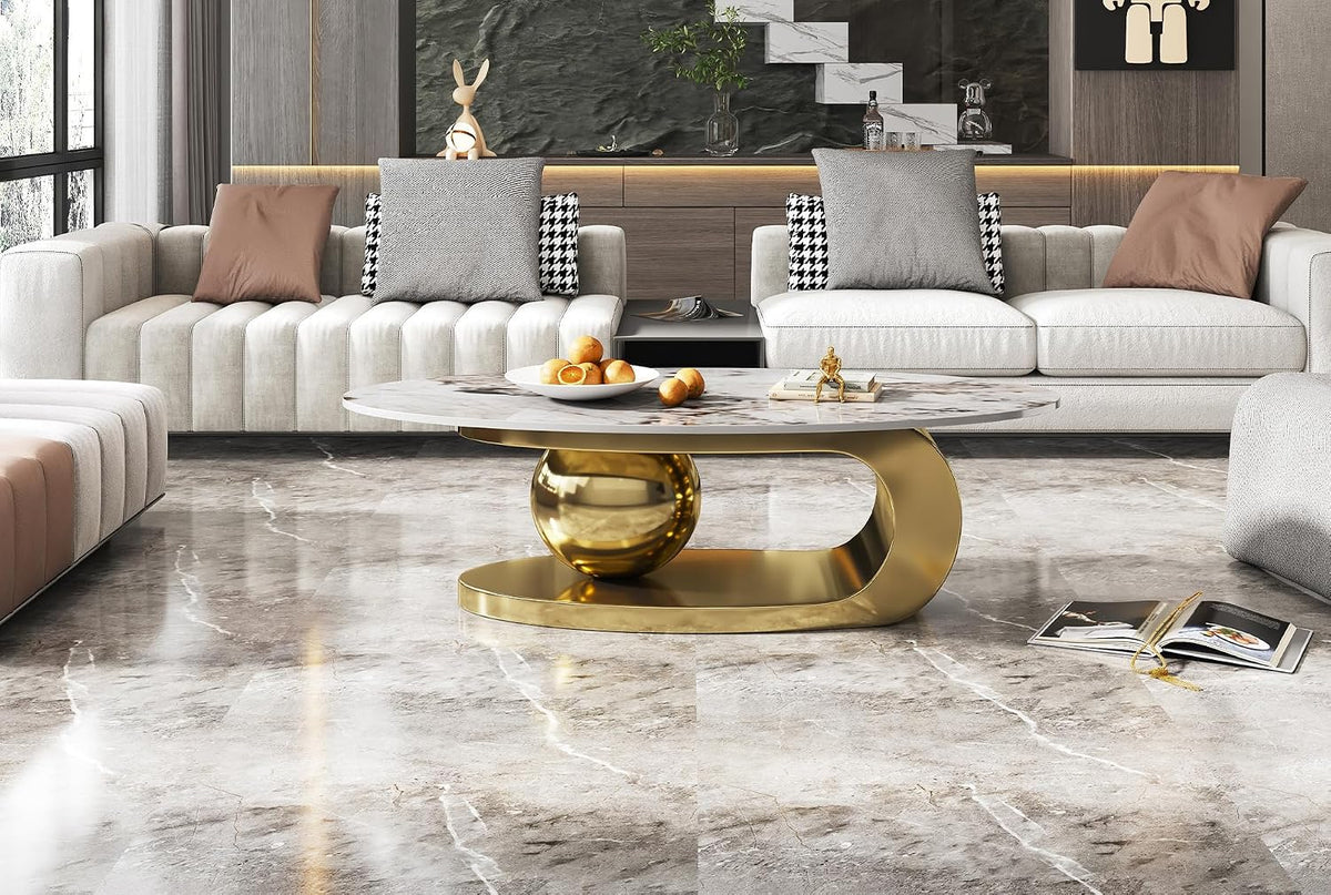 Henf Faux Marble Coffee Table for Living Room, 51 Inches Oval Imitation Marble Coffee Center Table with Gold Stainless Steel Base & Sintered Stone Tabletop