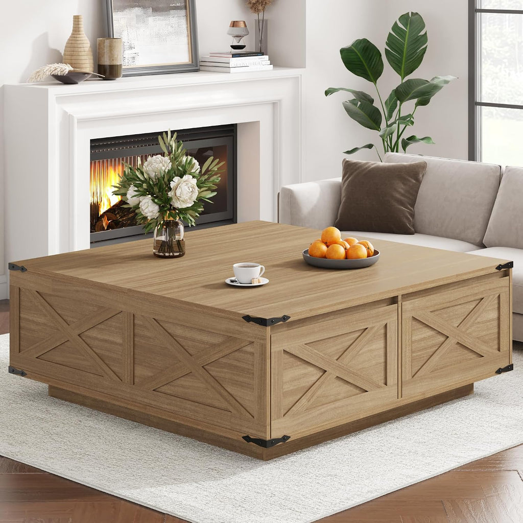 St.Mandyu 47' Farmhouse Square Coffee Table with 4 Drawers Extra Large Coffee Table with Storage Wooden Large Coffee Tables for Living Room Square Center Table for Home Office Natural