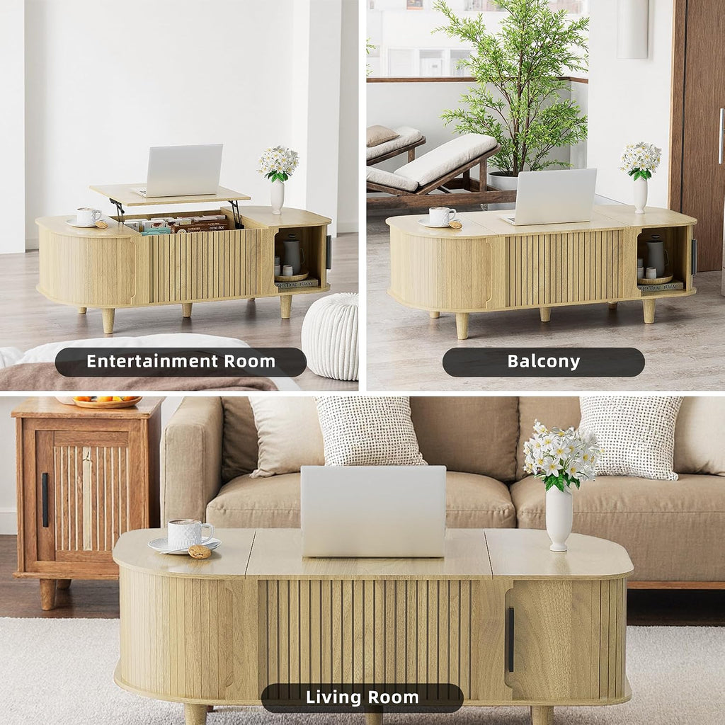 Lift Top Coffee Table, Oval Mid Century Modern Center Table with 3 Hidden Storage, 41' Coffee Tables with Sliding Door and Open Cabinet for Living Room Bedroom Office, Natural Wood