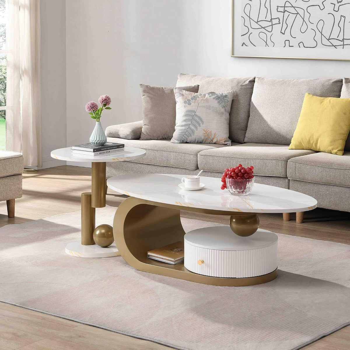 SSLine Luxury Nesting Coffee Table Set with Golden Base Modern Faux Marble Living Room Table Set of 2 Include Oval Coffee Table with Drawer and End Table for Living Room Bedroom