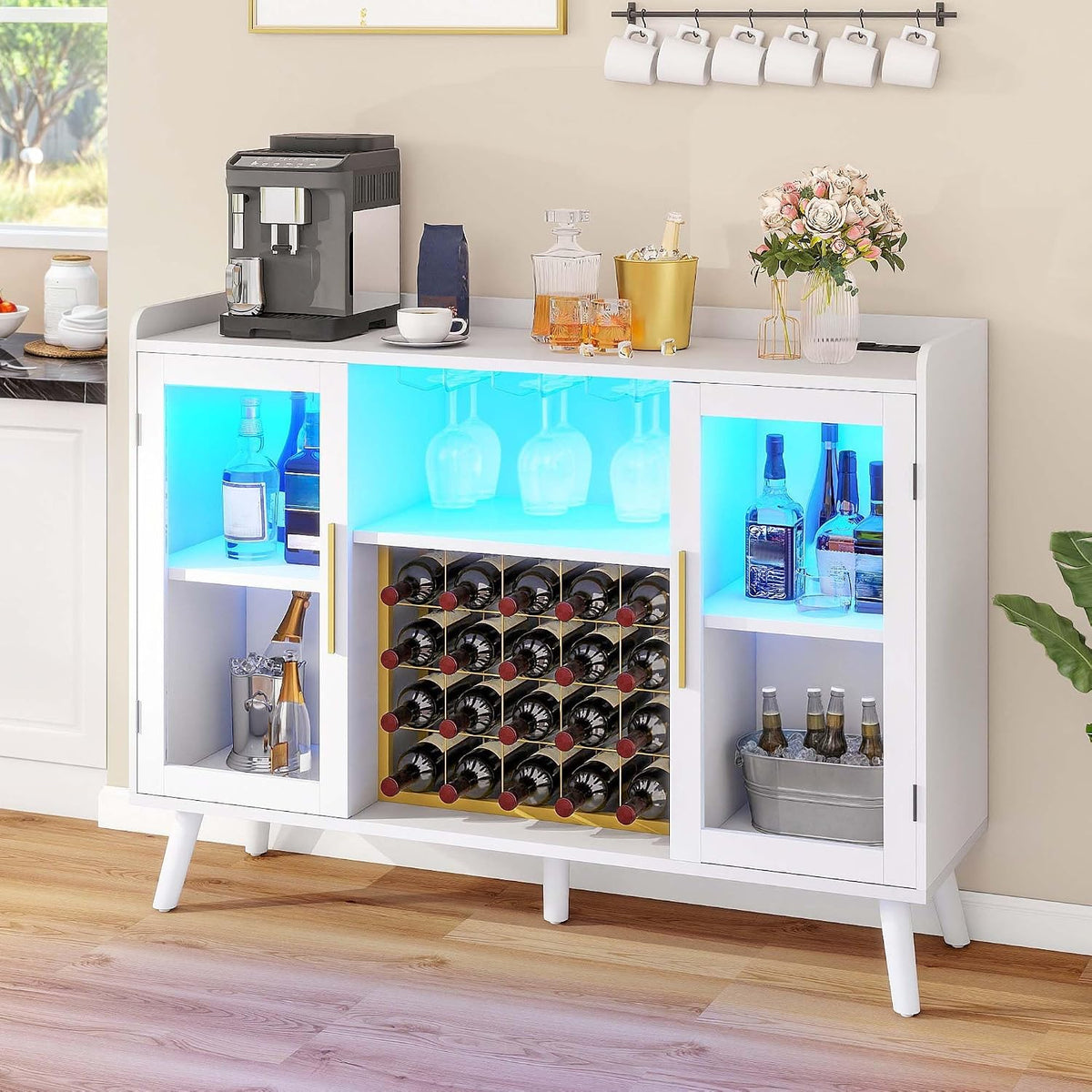 DWVO Wine Bar Cabinet with Led Lights & Power Outlets, 53' Coffee Bar Cabinet for Liquor and Glasses, Modern Buffet Sideboard with Storage for Kitchen, Dining & Living Room, White