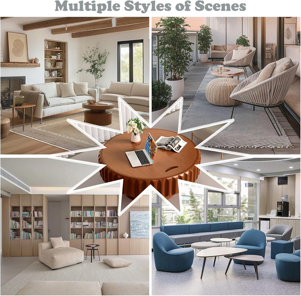 Round Coffee Tables with Storage Fluted Drum Coffee Table with Solid Wood Relief, Modern Circle Wooden Coffee Tables Brown Center Table Accent Tea Table for Living Room Apartment (Round 31.5'')