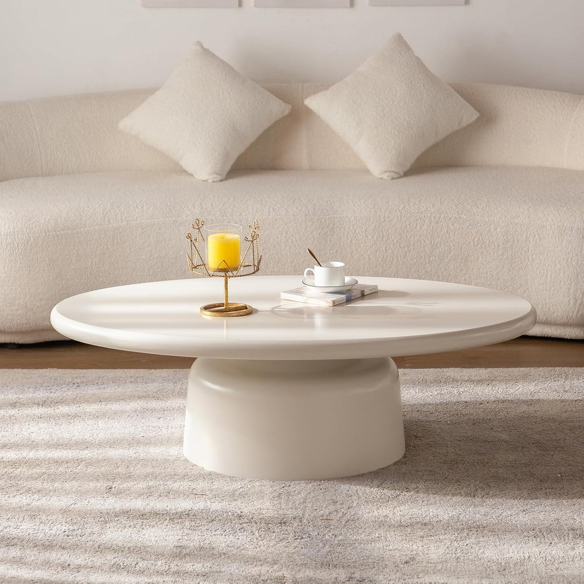Chic Coffee Table with Smooth Fininsh & Stable Large Base, Minimalism Low Center Table for Farmhouse Living Room (J-Oval)