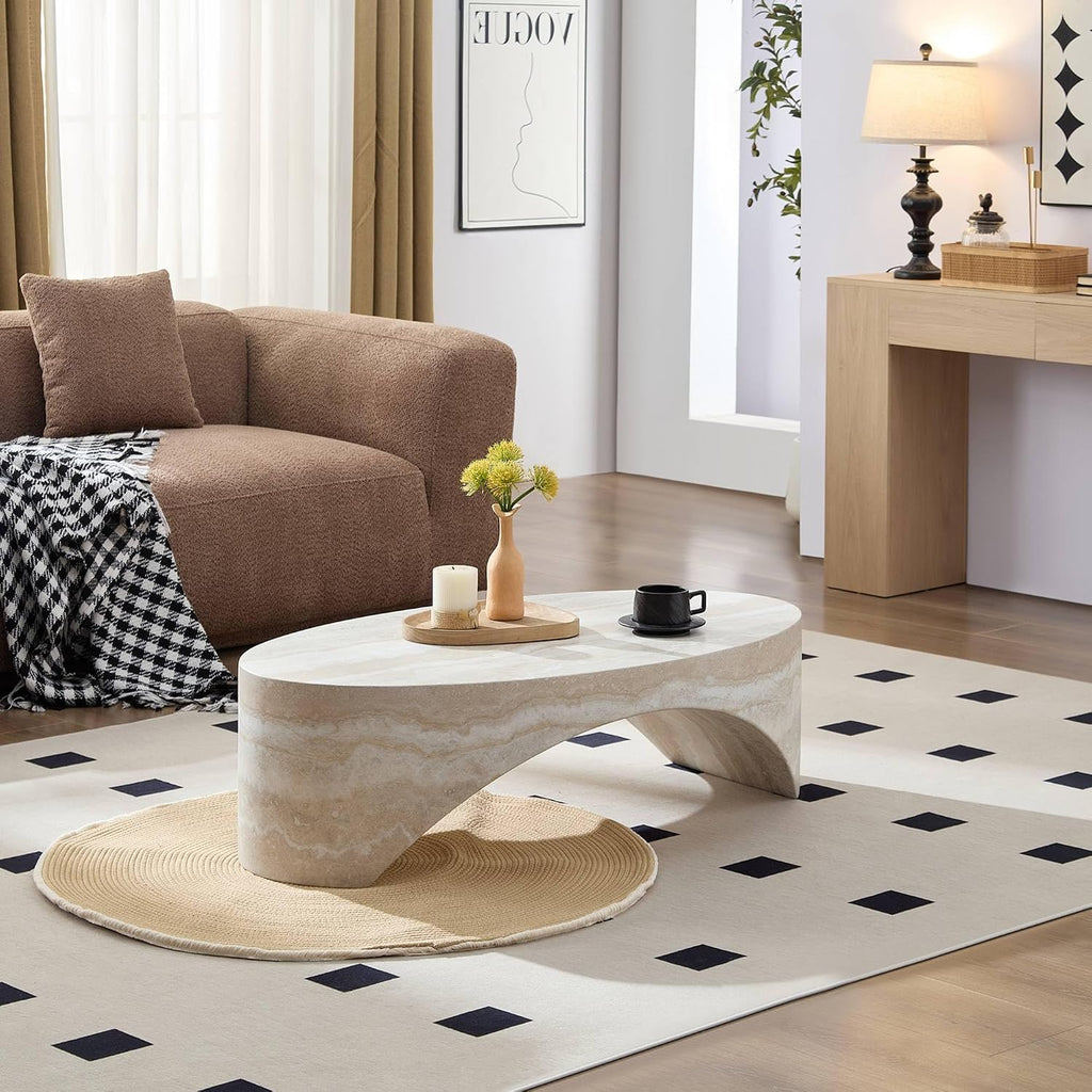 43.31' Oval Fiberglass Coffee Table, Modern Center Table for Living Room, No-Assembly Stone-Look Accent Table, Oval Marble-Inspired Coffee Table, Ivory Travertine Texture