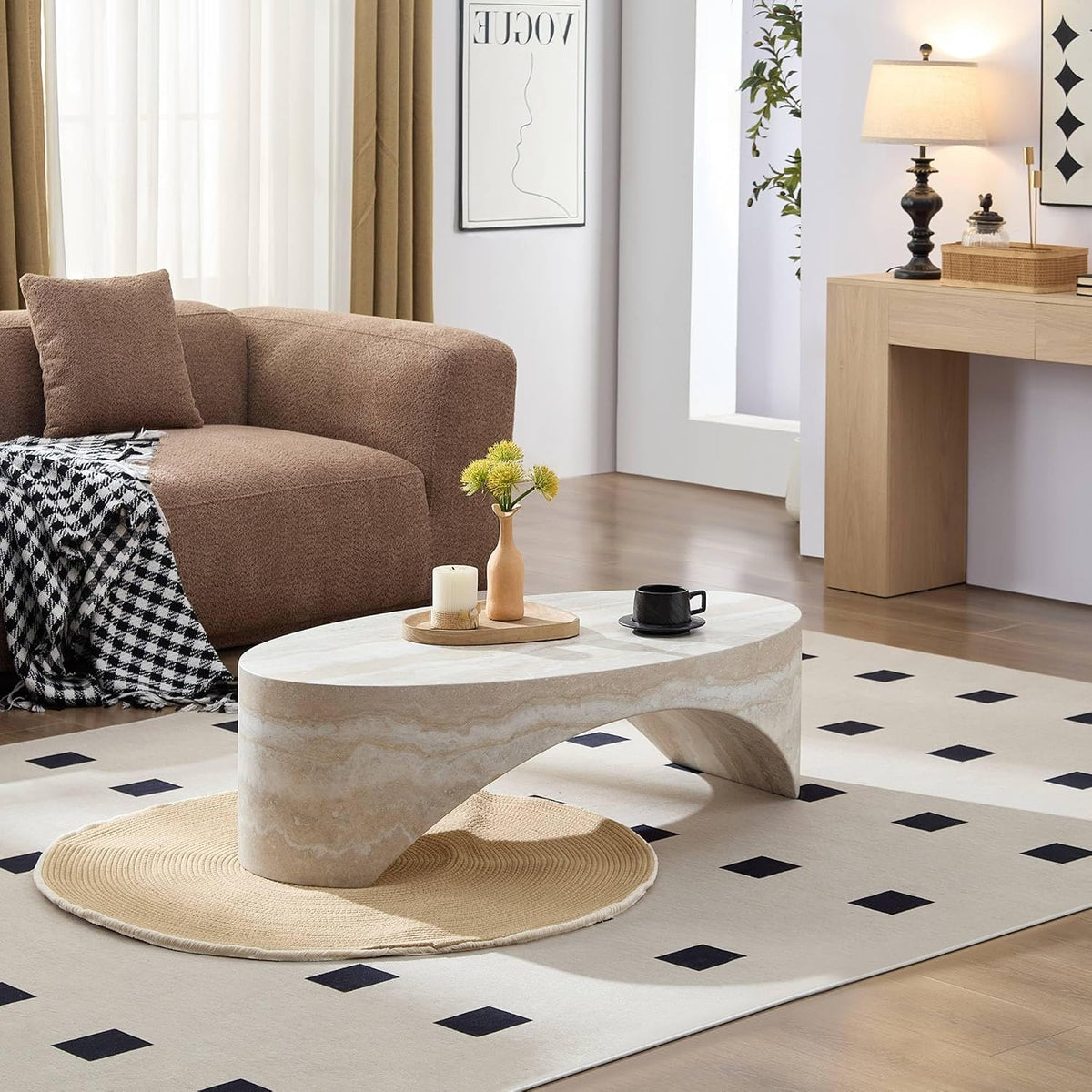 43.31' Oval Fiberglass Coffee Table, Modern Center Table for Living Room, No-Assembly Stone-Look Accent Table, Oval Marble-Inspired Coffee Table, Ivory Travertine Texture