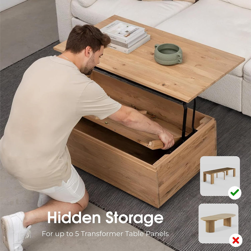 Transformer Table - Lift Top Coffee Table with Storage, Modern Coffee Table for Living Room, Work & Dining, Space-Saving Small Coffee Desk with Hidden Storage, Natural