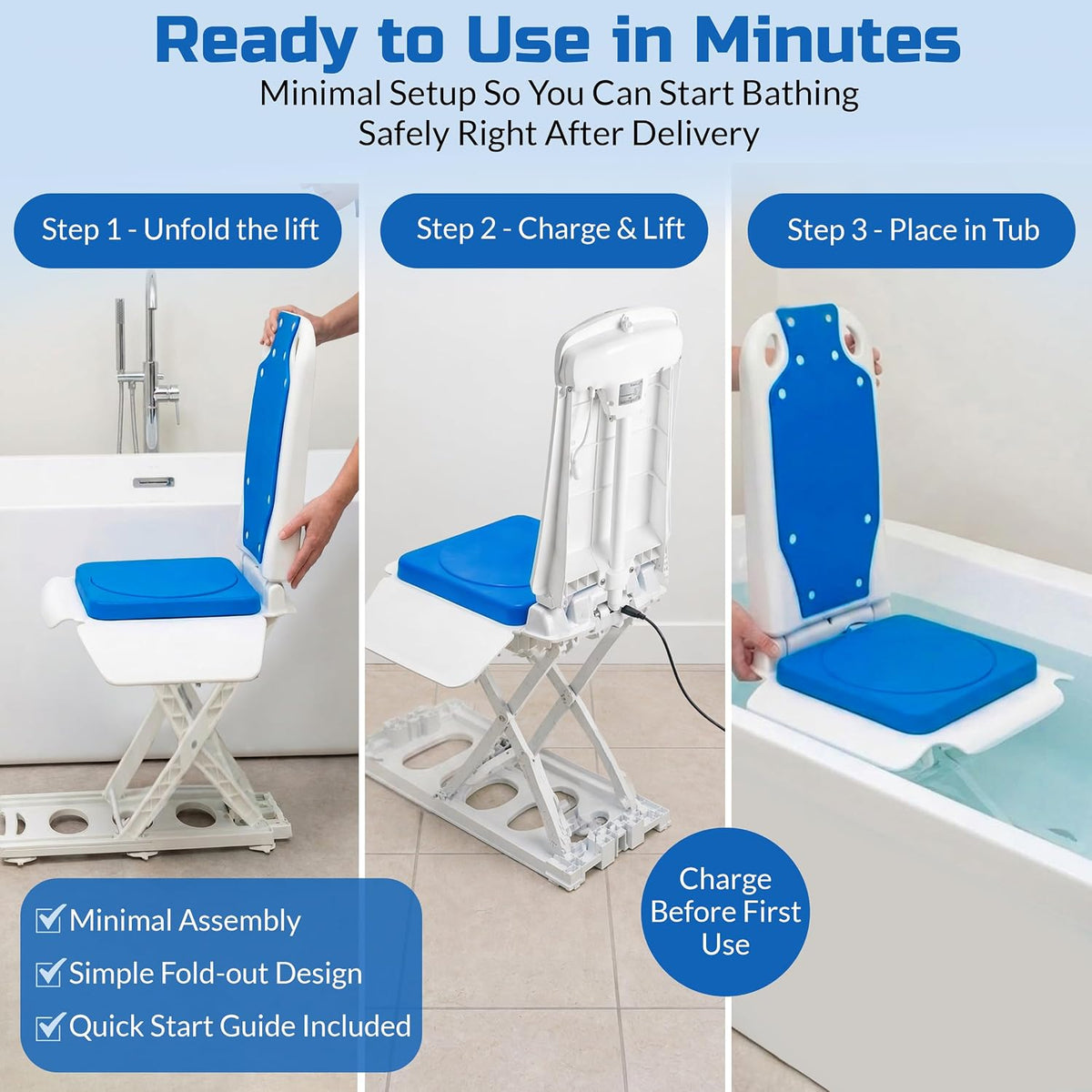Platinum Health Tranquilo Premium Electric Bath Lift with Padded, SAFESWIVEL Rotating SEAT and Electric Recline. 300lb. Lifting Capacity and Extra High Lifting Range up to 21.5 inches.