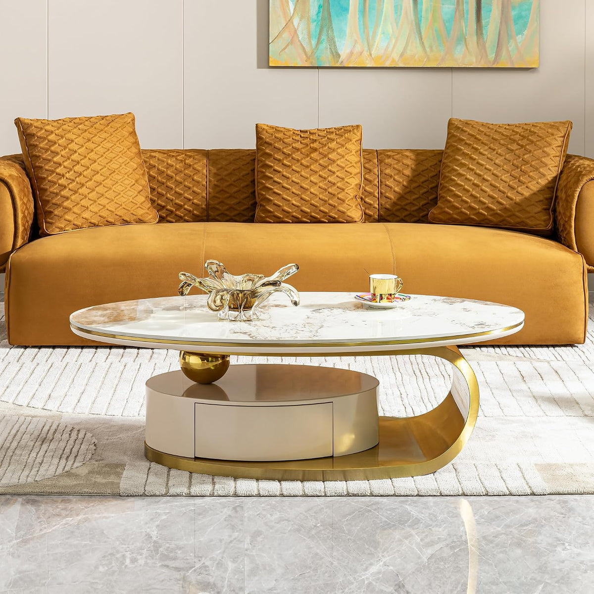 16.93' H Oval Coffee Table with Storage Drawer, Modern Center Tablet with Sintered Stone Tabletop and Marble Pattern, Luxury Coffee Tables with Gold Stainless Steel Base for Bedroom Home Office Beige