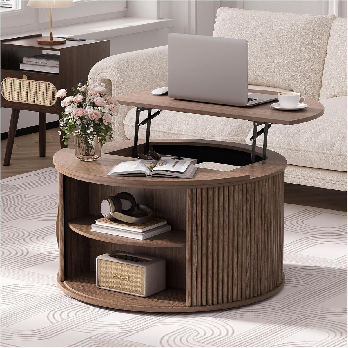 SULIVES Round Coffee Table with Lifting Top, Multifunctional Lift Top Drum Coffee Table with Sliding Door, Small Fluted Center Table for Living Room, Walnut