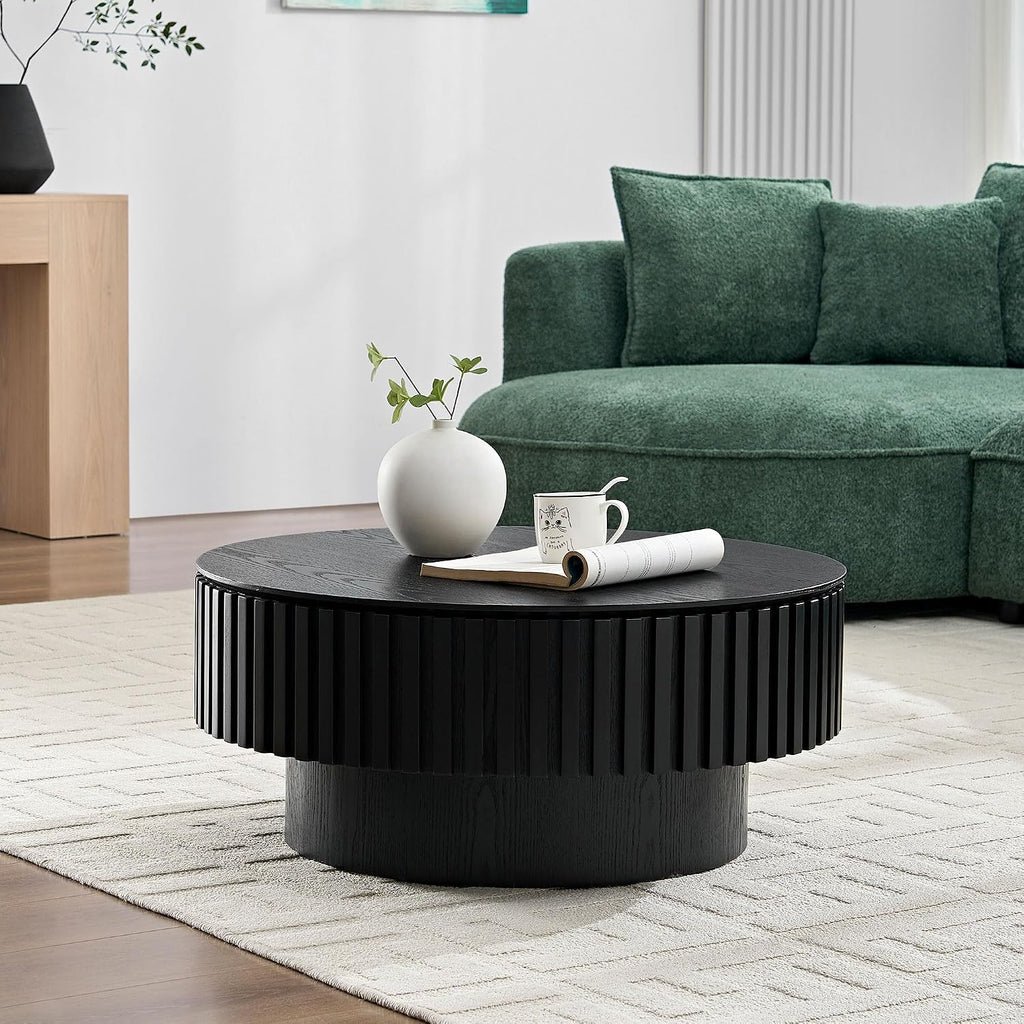 JUSTONE 31.5 Inch Round Farmhouse Coffee Table with Storage, Sturdy Pedestal Base Living Room Center Table for Lounge, Office, Apartment, Black