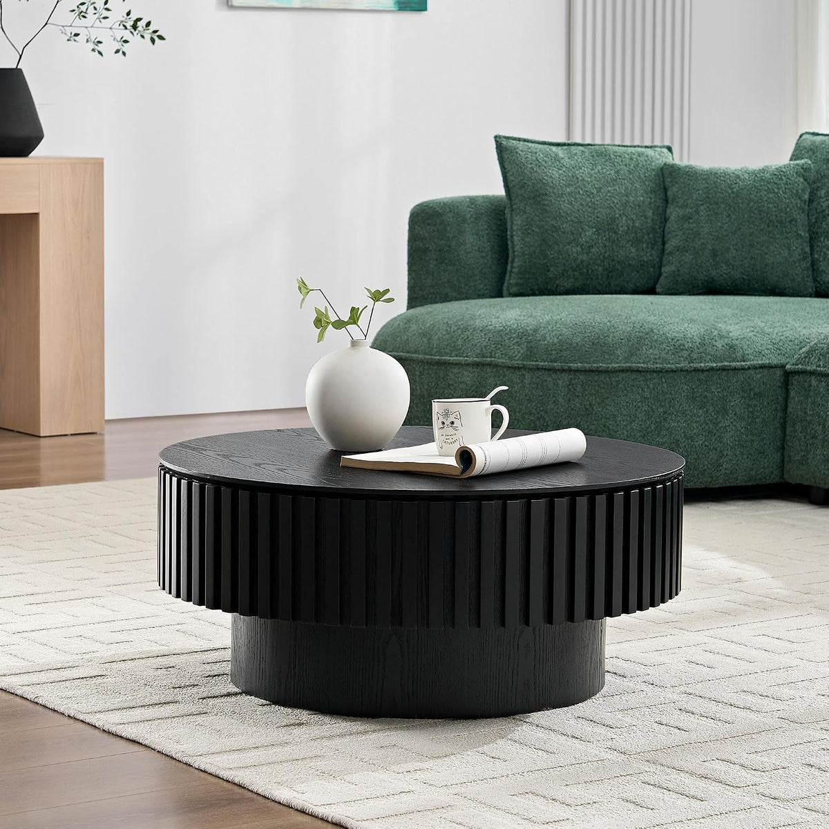 JUSTONE 31.5 Inch Round Farmhouse Coffee Table with Storage, Sturdy Pedestal Base Living Room Center Table for Lounge, Office, Apartment, Black
