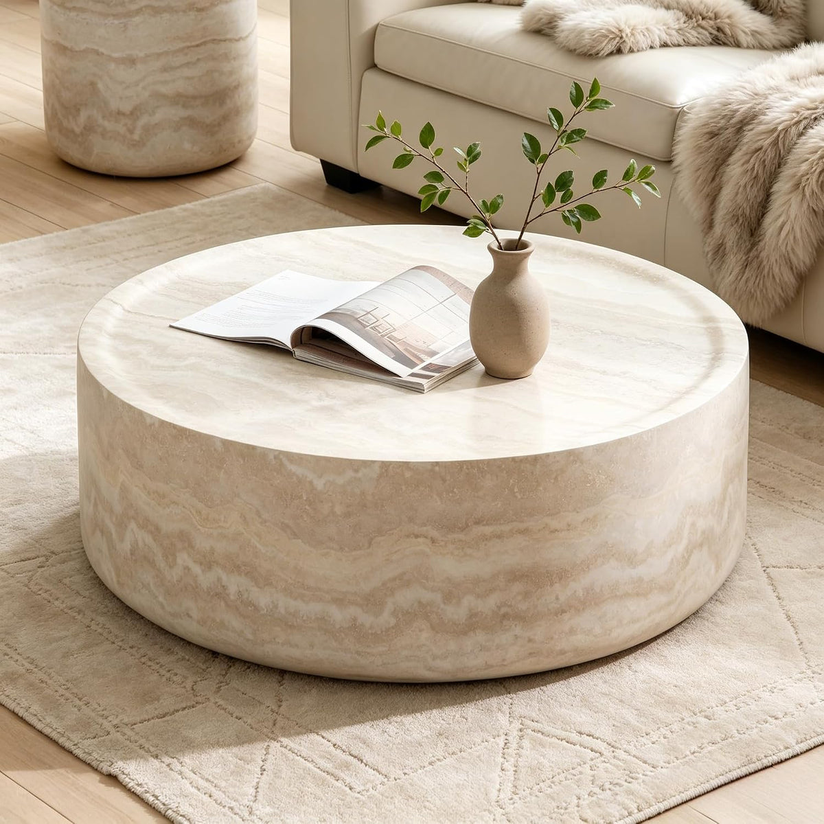 35 inch Round Coffee Table Marble Faux Pattern for Living Room Small Modern Stone Low Coffee Tables Drum Center Apartment No Assembly Required