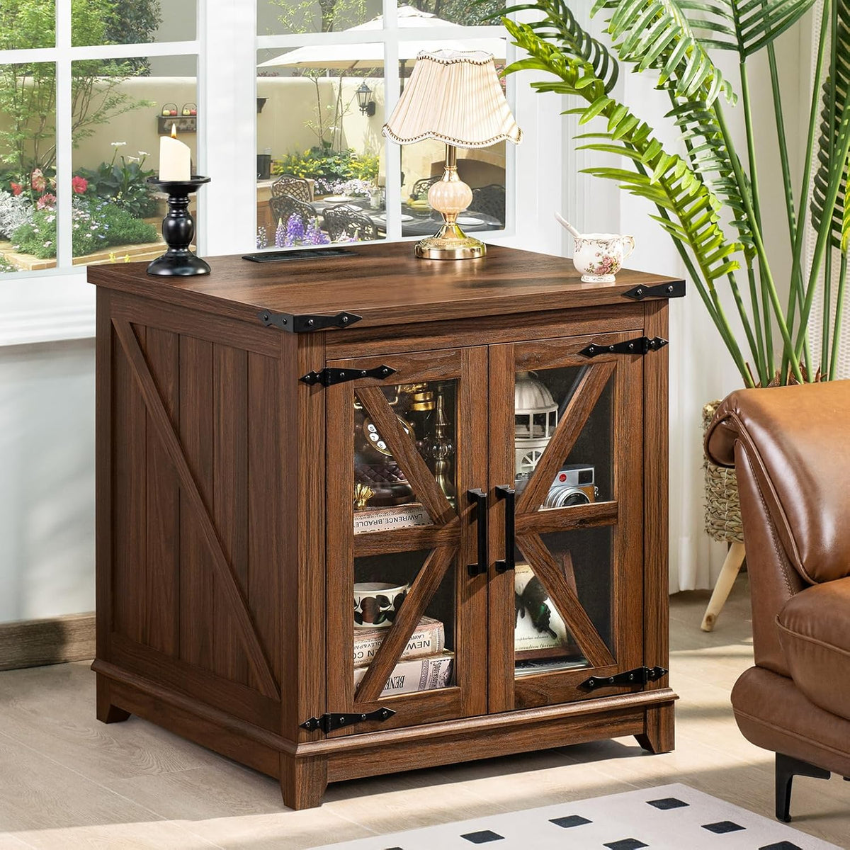 Joaxswe Farmhouse End Table with Charging Station, 24' Large Sofa Side Table with Glass Barn Door, Nightstand with Adjustable Storage Shelf,Wood Square Bedside Table for Living Room,Bedroom