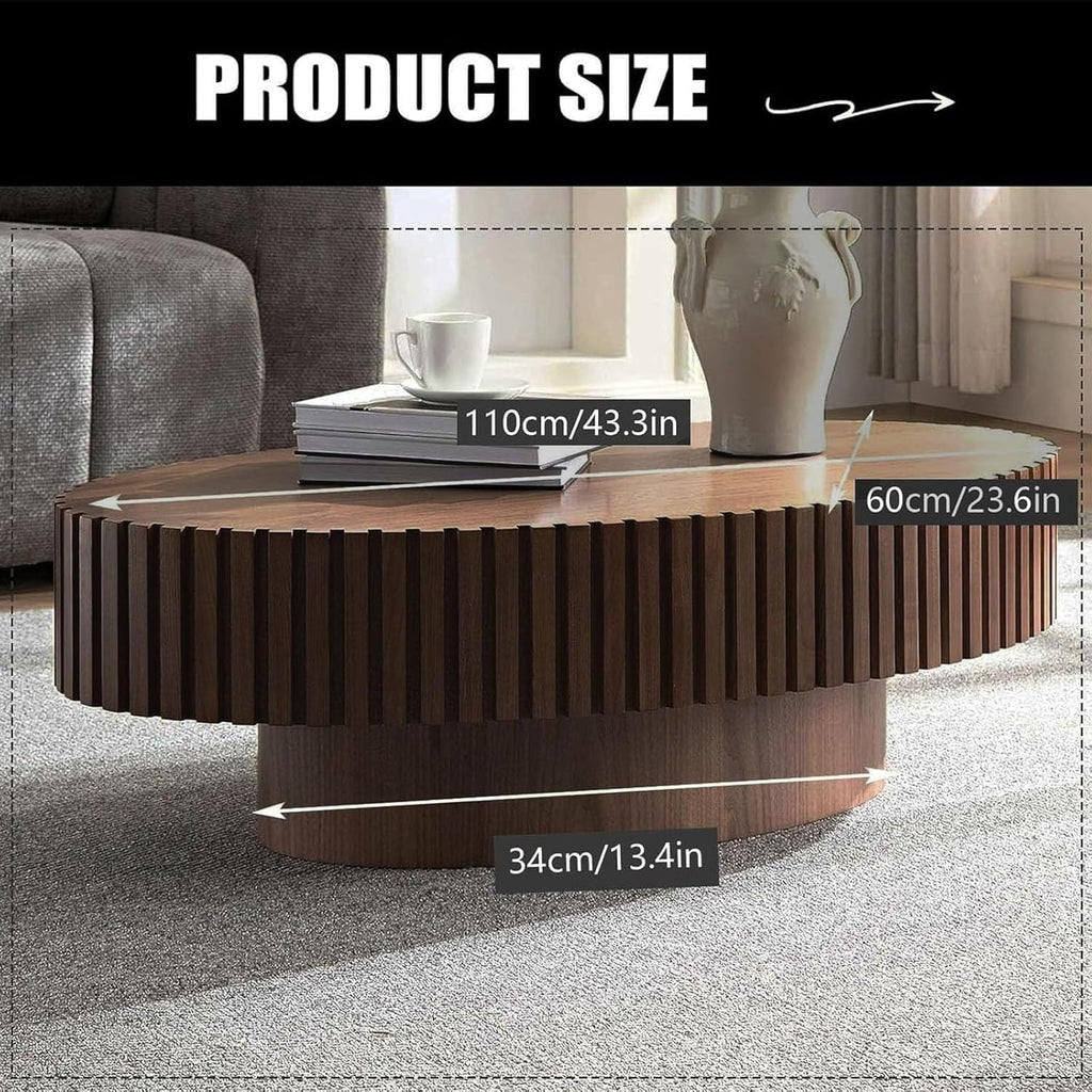 Oval Coffee Table Farmhouse Coffee Table with Handcrafted Relief Circle Drum End Table for Apartment Living Room (Brown)