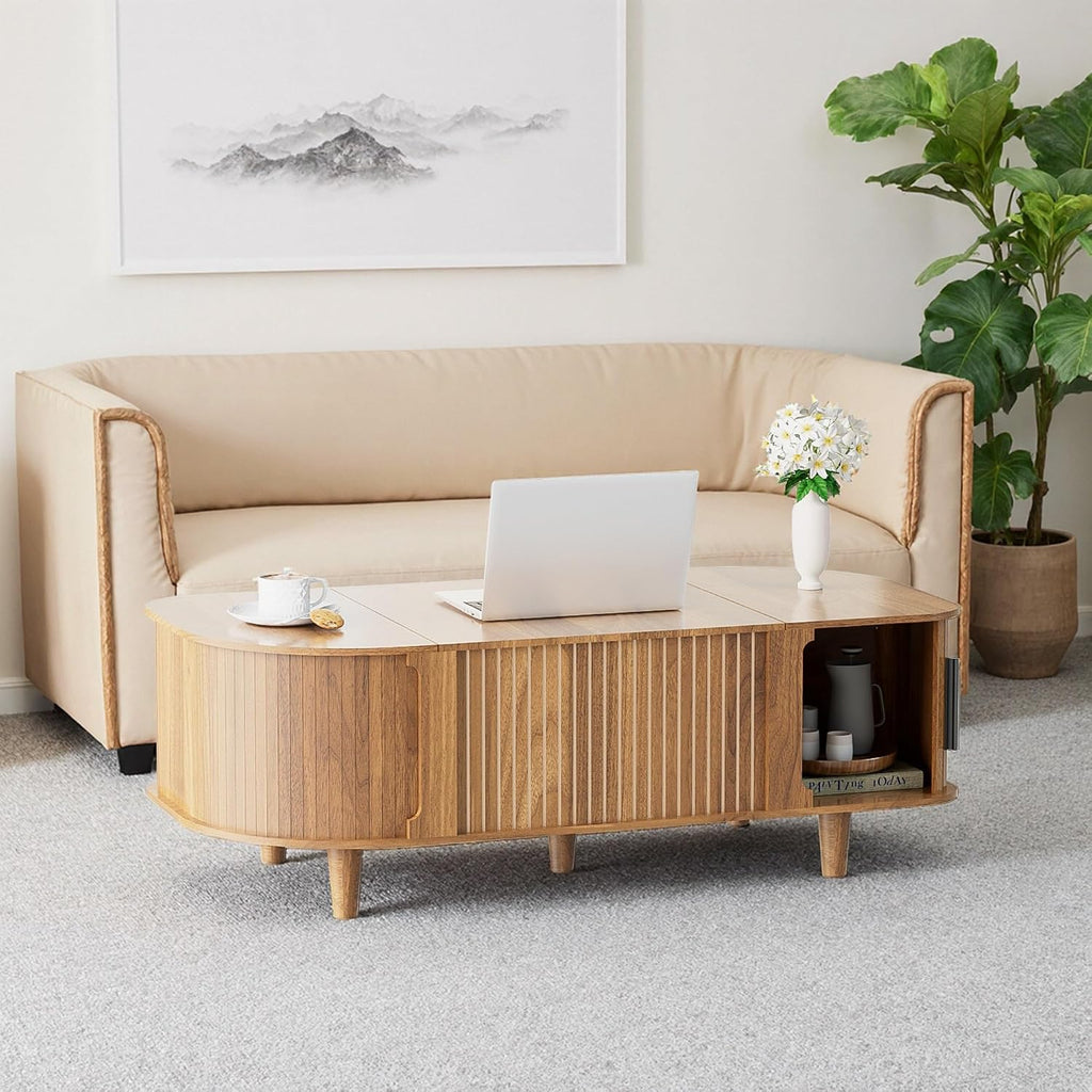 Lift Top Coffee Table, Oval Mid Century Modern Center Table with 3 Hidden Storage, 41' Coffee Tables with Sliding Door and Open Cabinet for Living Room Bedroom Office, Walnut Wood