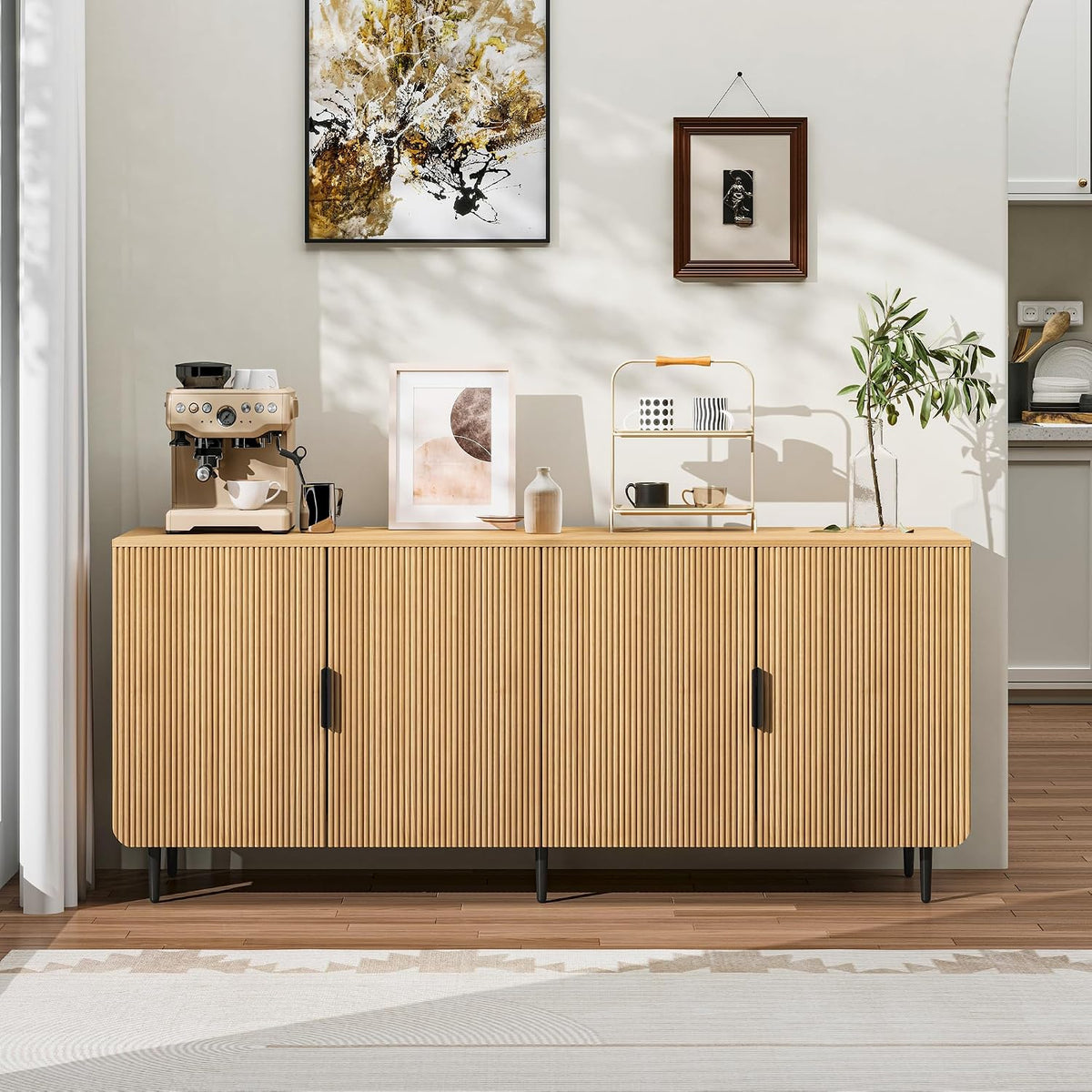 65' Fluted Sideboard Buffet Cabinet with Storage, Console Cabinet with 4 Doors & Adjustable Shelves, Modern Buffet Table for Kitchen Dining Living Room Hallway‌ Entryway, Natural
