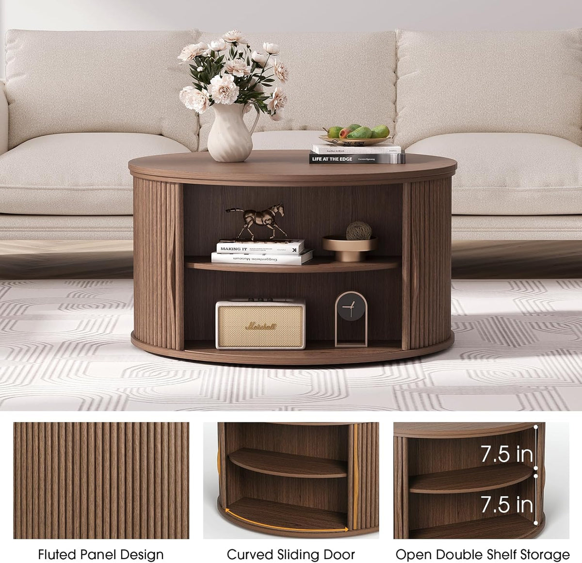 SULIVES Round Coffee Table with Lifting Top, Multifunctional Lift Top Drum Coffee Table with Sliding Door, Small Fluted Center Table for Living Room, Walnut