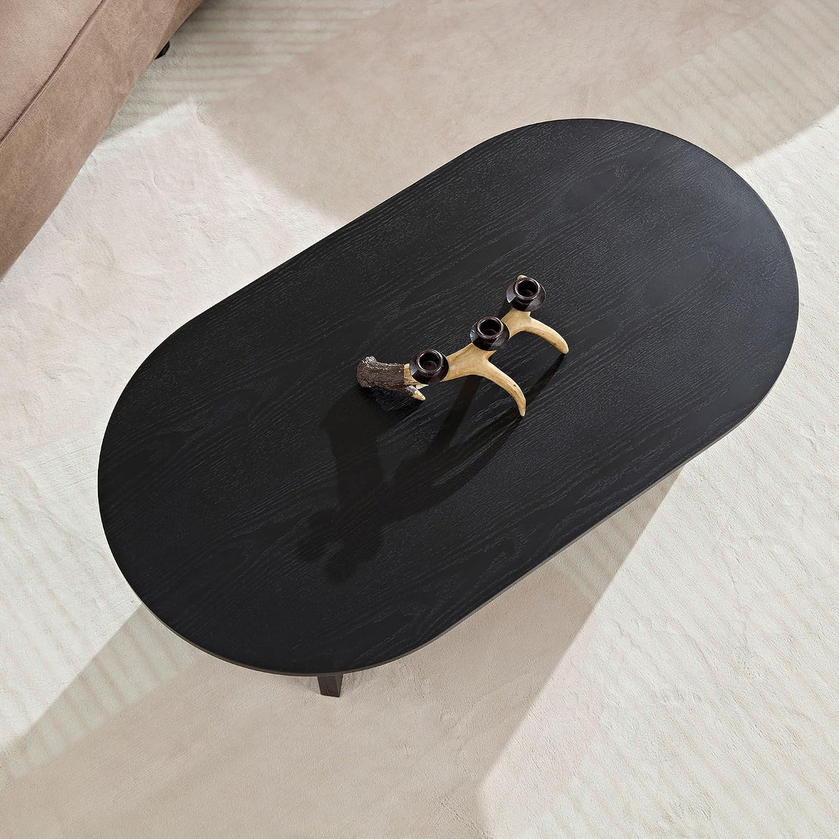 JUSTONE 39.37'' Oval Coffee Table, Farmhouse Wood Coffee Table for Living Room, Contemporary Minimalist Handcraft Coffee Table with Strong Legs, Easy Assembly (Black)