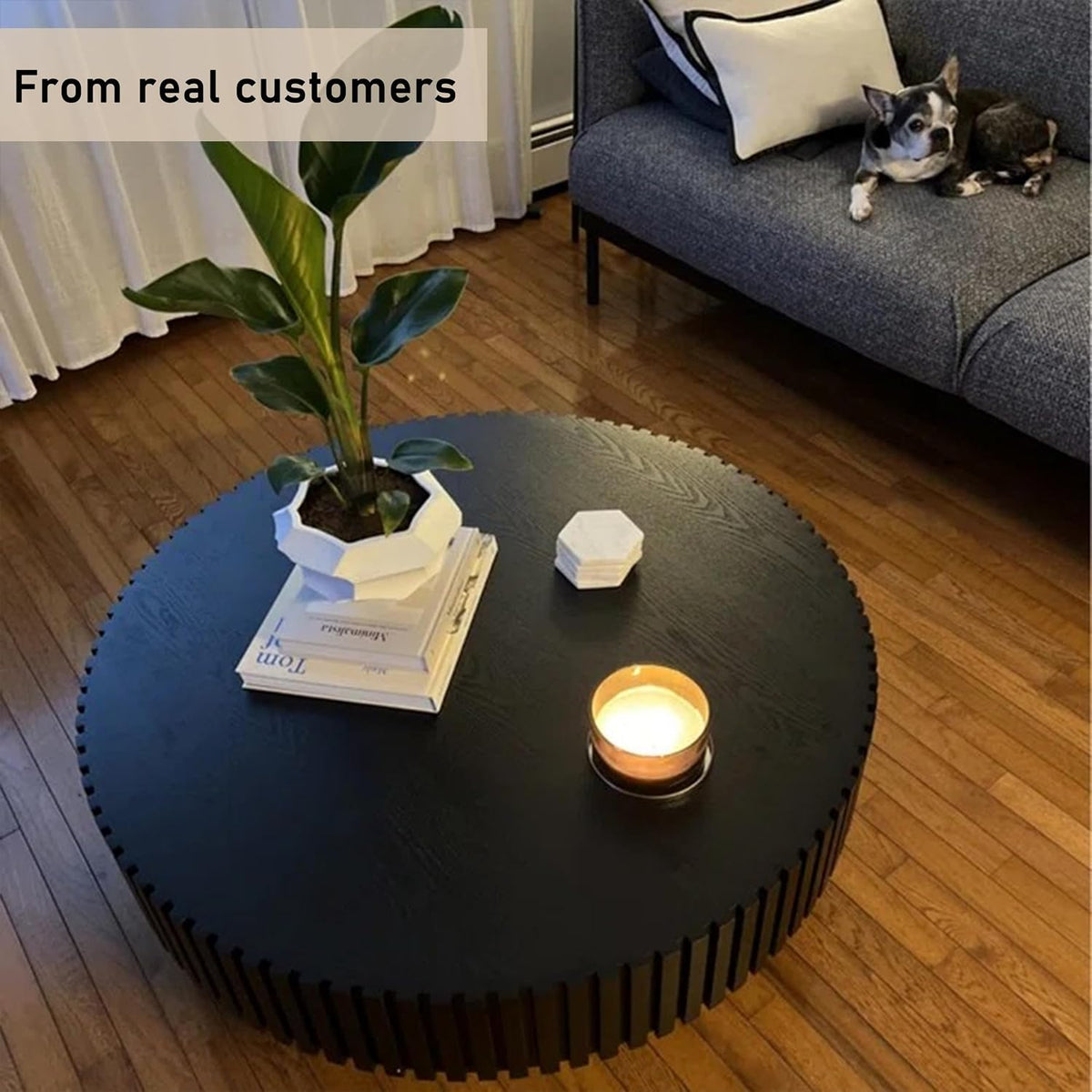 Round Coffee Table, 39.37' Coffee Table, Wood Coffee Table for Living Room, Handcrafted Relief Carving, Easy Assembly, Black