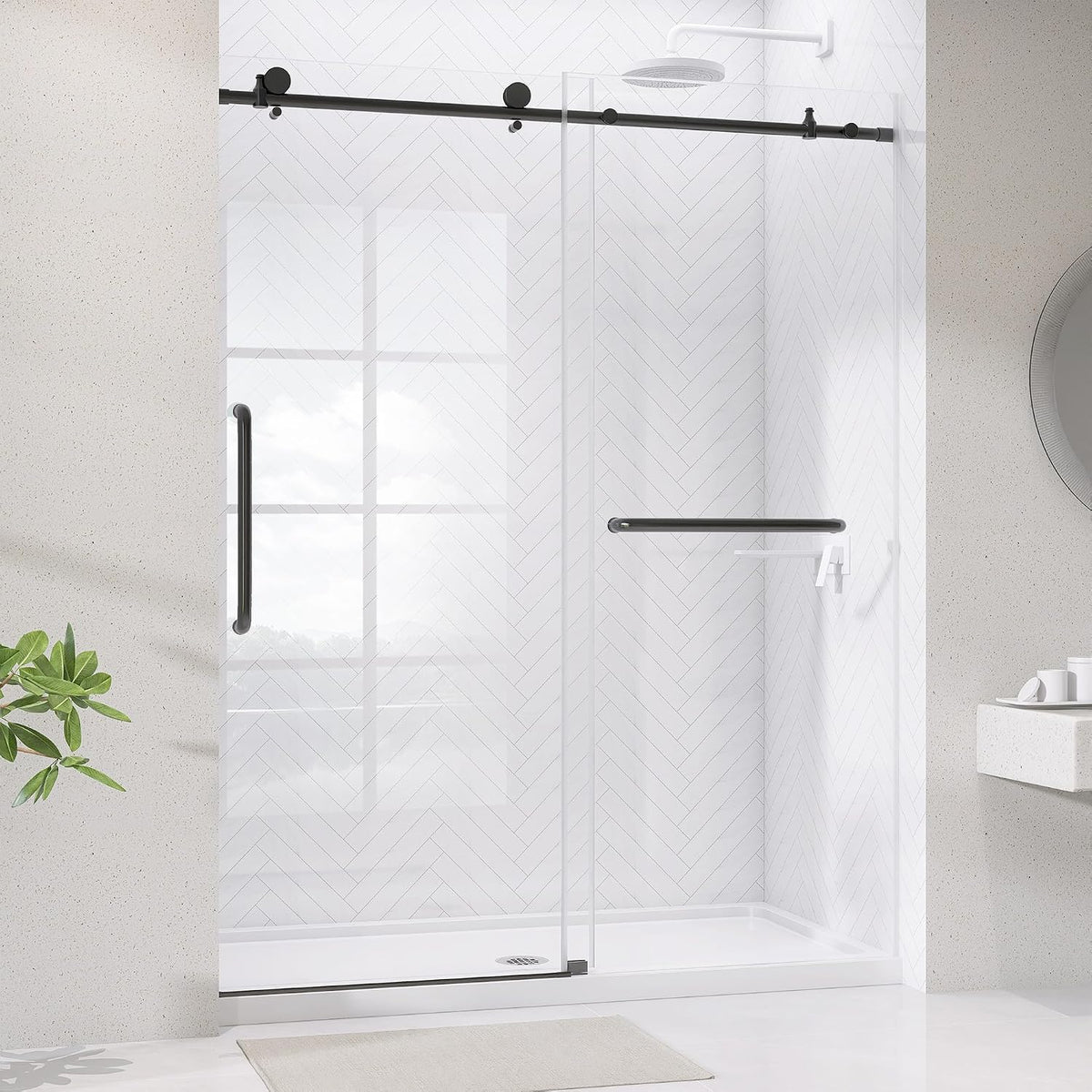 Frameless Shower Door Matte Black 56-60'' W x 75'' H Single Sliding Shower Glass Doors for Bathroom 1/4 inch Easy Clean Clear Glass Door for Walk-in Shower Low Threshold with Stainless Steel Hardware