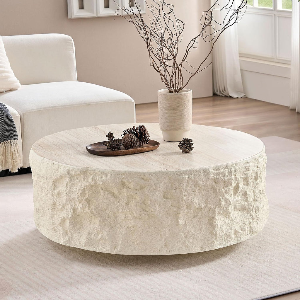 Faux Rock Coffee Table,Drum Coffee Table Fiberglass Round Tea Table for Living Room, Accent Imitation Stone Central Table No Need Assembly, Beige White