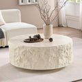 Faux Rock Coffee Table,Drum Coffee Table Fiberglass Round Tea Table for Living Room, Accent Imitation Stone Central Table No Need Assembly, Beige White