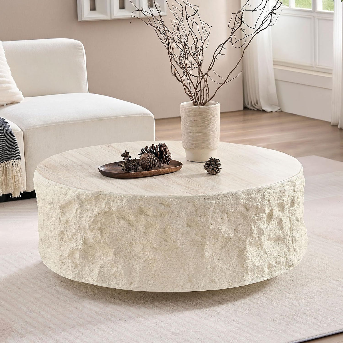 Faux Rock Coffee Table,Drum Coffee Table Fiberglass Round Tea Table for Living Room, Accent Imitation Stone Central Table No Need Assembly, Beige White