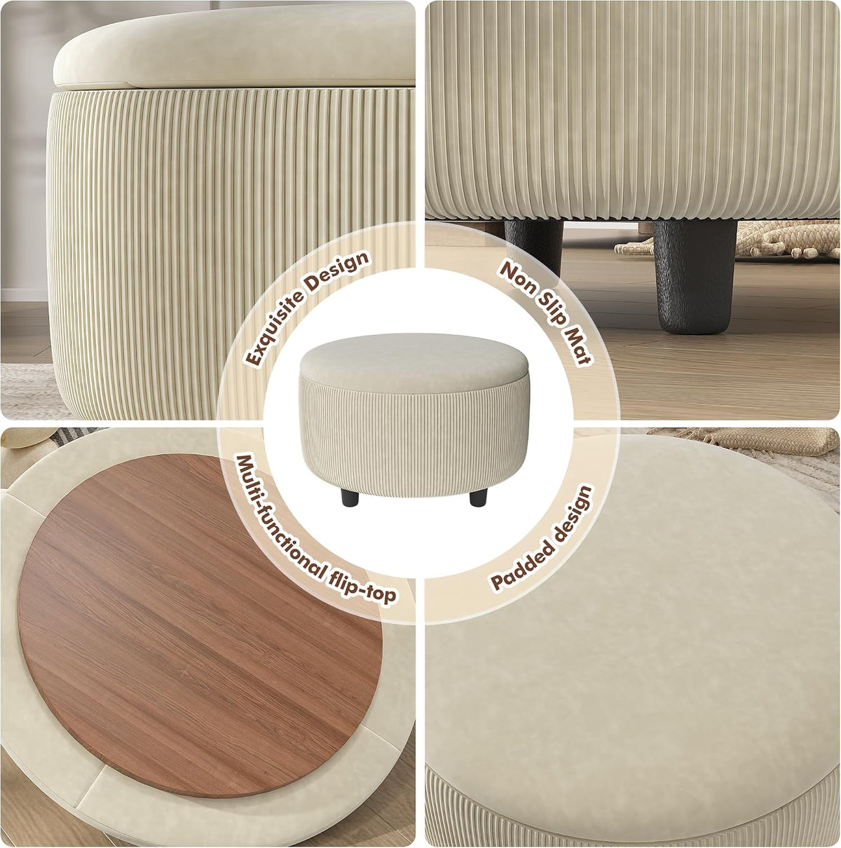 Vabches 30inch Round Storage Ottoman with Hidden Storage, Modern Ottoman Coffee Table with Removable Wood Top, Upholstered Foot Stool for Living Room, Sofa Side, Bedroom, Office (Beige, 30' W)