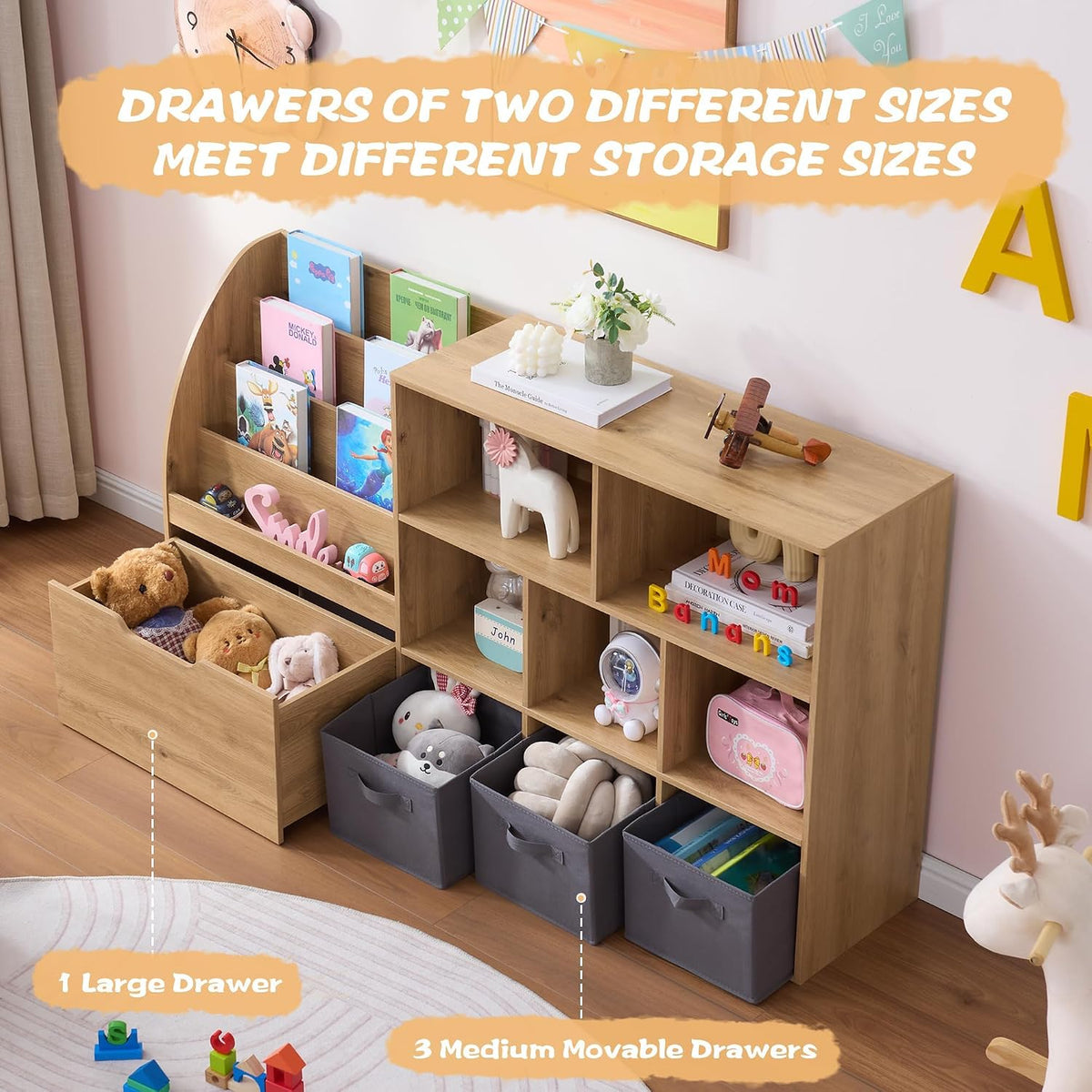 Fatmok 2 Pack Kids Bookcase, 58.5 Inch Wooden Storage Organizer with Reading Nook, Front Facing Book Rack, 5 Cubbies & Detachable Toy Bins, Storage Cabinet for Playroom, Nursery, Kids Bedroom