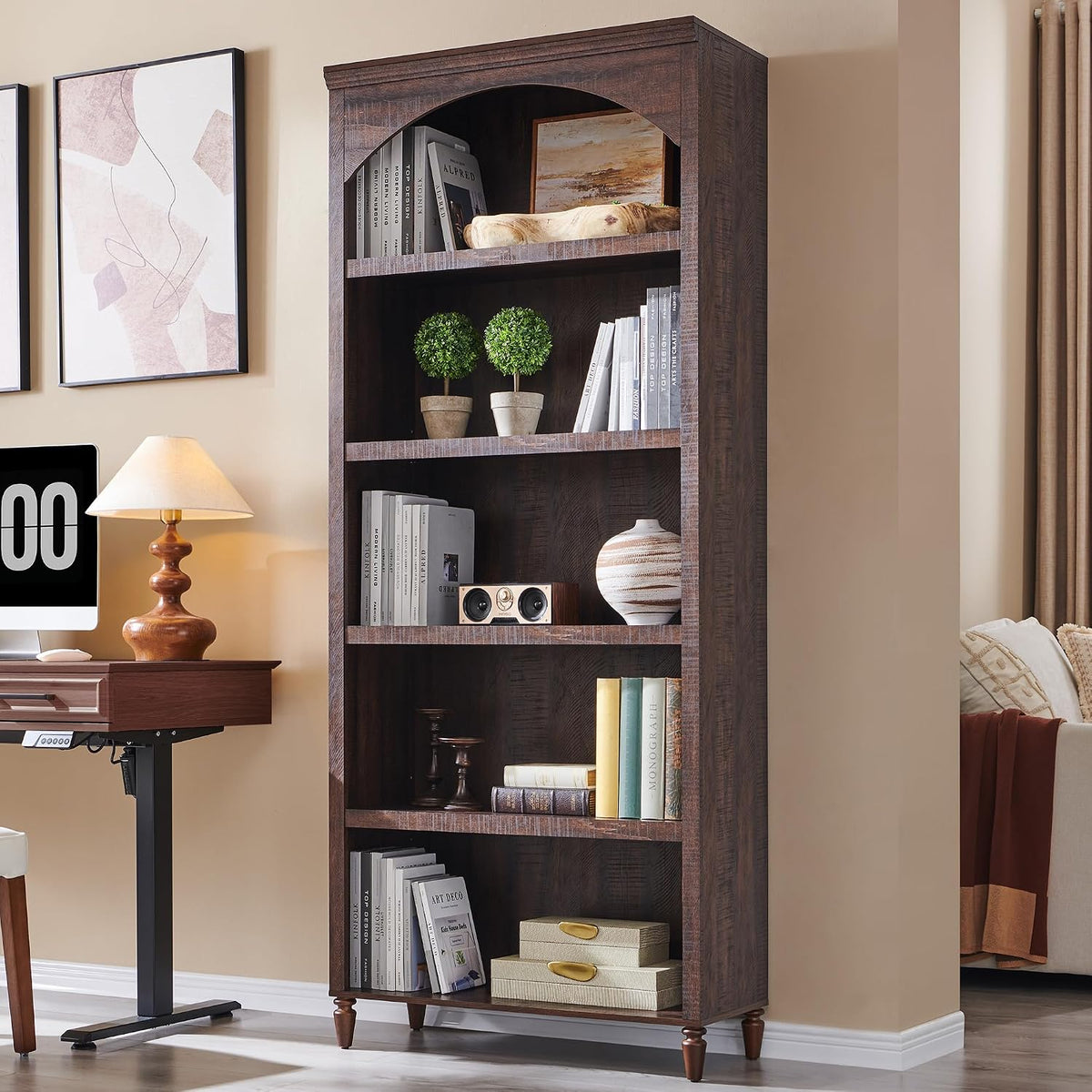 IFGET 76' Tall Arched Bookcase, Farmhouse 5 Tiers Large Arched Bookshelf Cabinet with Adjustable Shelves, Modern Wooden Book Shelf w/Storage and Open Display Shelves for Living Room, Office-Brown