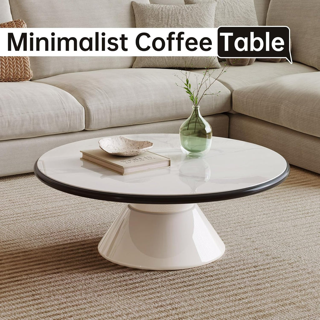 Round Faux Marble Look Coffee Table, White CenterTable with Stable Pedestal, Modern Tempered Glass Designed White Marble Dining Table for Kitchen,Living Room,Apartment,Restaurant