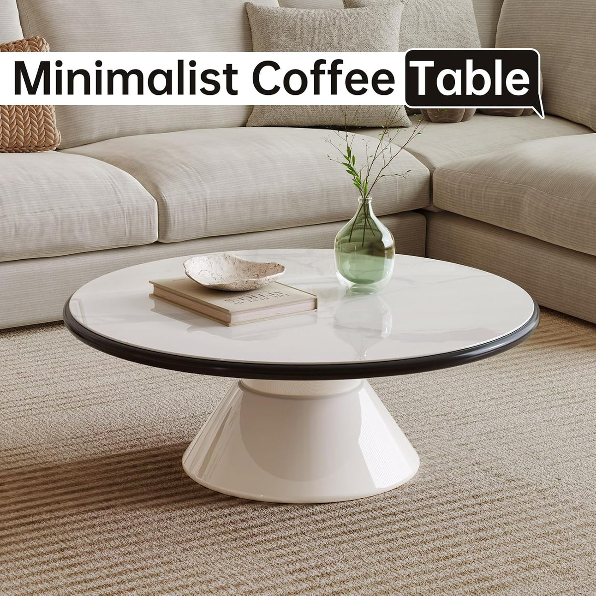 Round Faux Marble Look Coffee Table, White CenterTable with Stable Pedestal, Modern Tempered Glass Designed White Marble Dining Table for Kitchen,Living Room,Apartment,Restaurant