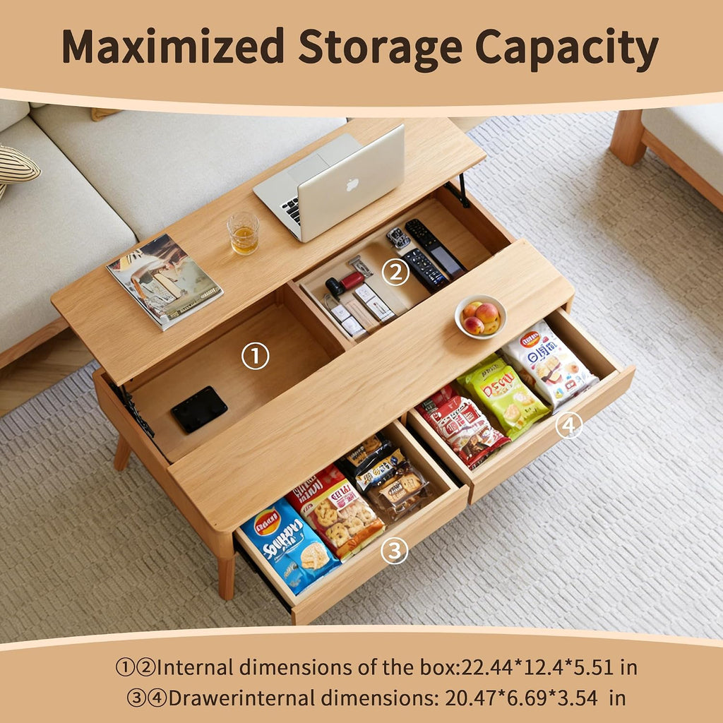 47.24' Lift Top Solid Wood Coffee Table with Storage Drawers & Hidden Compartment, Natural Wood Coffee Table for Living Room, Large Pop-Up Center Table for Home Office, Easy Assembly