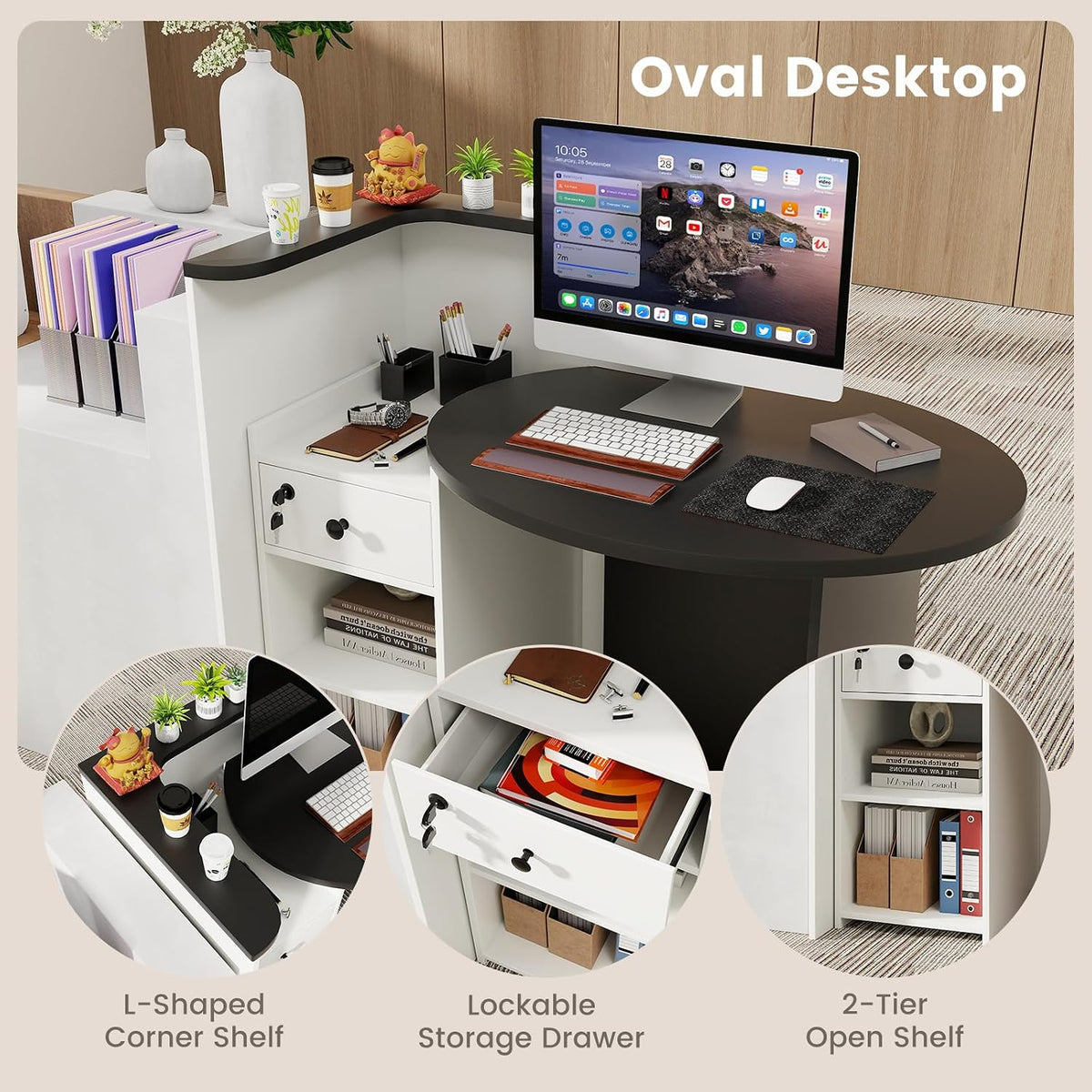 Reception Desk, Small Retail Checkout Counter with Lockable Drawer and Open Shelves, Wooden Computer Workstation for Home Office Lobby, White Oval Desktop & Black Counter