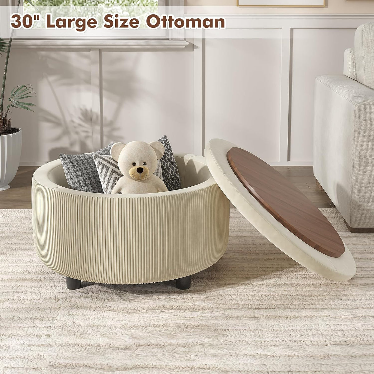 Vabches 30inch Round Storage Ottoman with Hidden Storage, Modern Ottoman Coffee Table with Removable Wood Top, Upholstered Foot Stool for Living Room, Sofa Side, Bedroom, Office (Beige, 30' W)