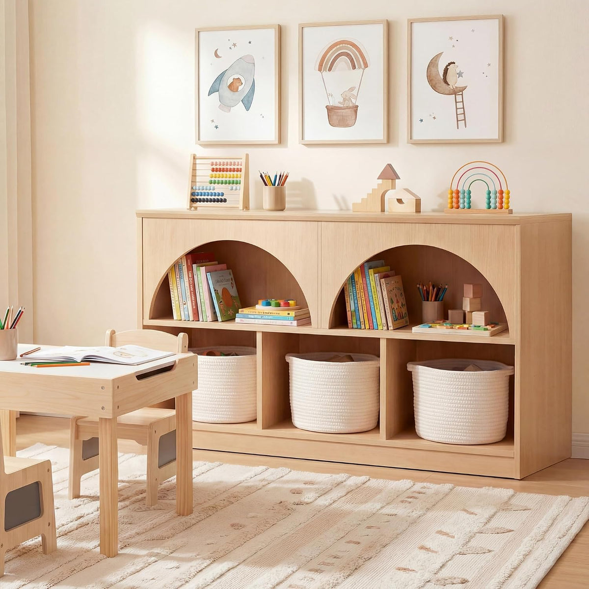 Fatmok 2-Shelf Bookcase, Arched Design Wooden Toy Storage Organizer and Storage for Books Toys, 5-Section Montessori Bookshelf for Kids Rooms, Playroom, Nursery, Kindergarten (Natural)