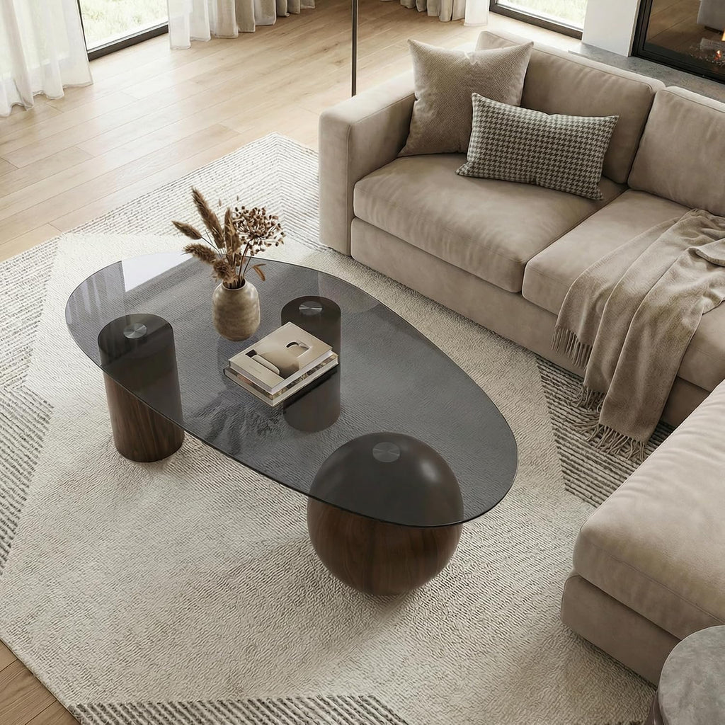 Hyfirm 55' Irregular Cloud Glass Coffee Table, Modern Black Tempered Glass Top with Walnut Finished Legs, Accent Center Table for Living Room & Bedroom
