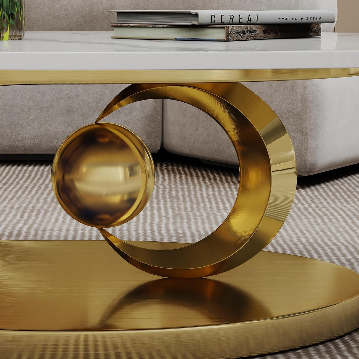 49.2' Oval Coffee Table, Modern Faux Marble Coffee Tables with Sculptural Sintered Stone Tabletop, Large Unique Tea Table with Stainless Steel Base for Living Room, Office, Bedroom, Gold+White