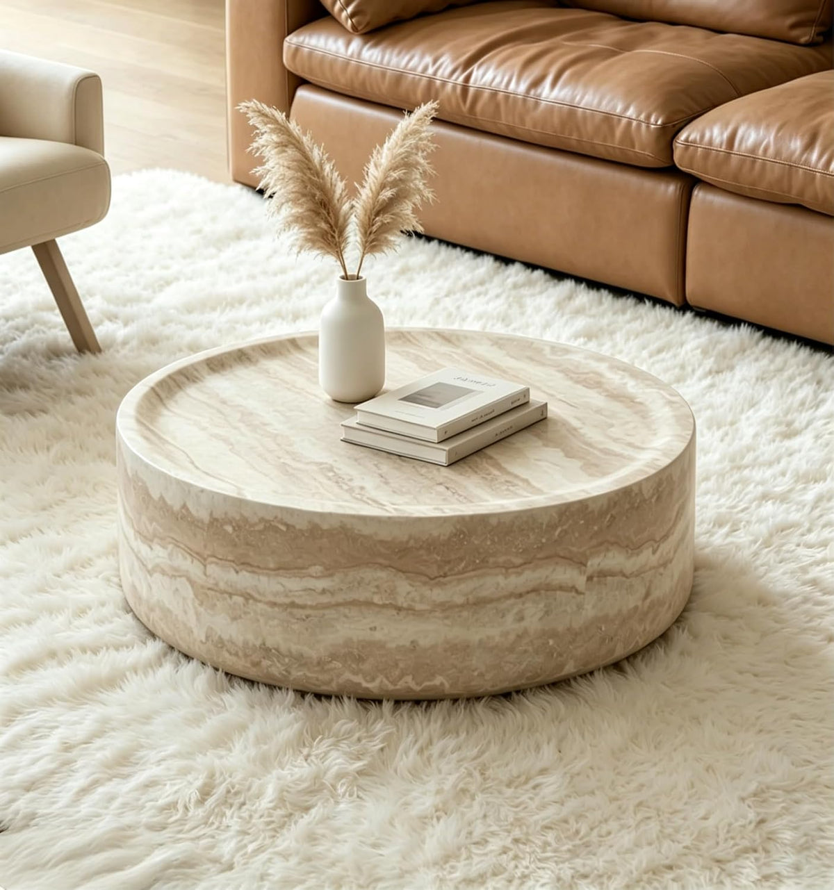 35 inch Round Coffee Table Marble Faux Pattern for Living Room Small Modern Stone Low Coffee Tables Drum Center Apartment No Assembly Required