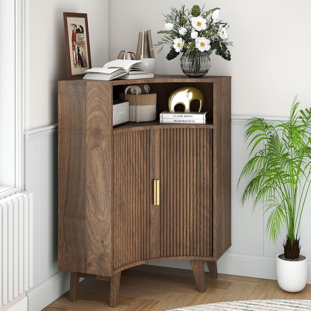Fluted Corner Cabinet with Open Storage, Modern Floor Cabinets with Sliding Doors and 2-Tier Shelves, Freestanding Narrow Organizer for Small Space,Living Room, Dining Room,Walnut