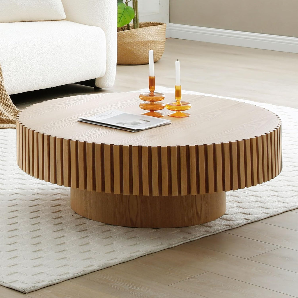 31.49' Coffee Table, Round Coffee Table, Wood Coffee Table for Living Room, Handcrafted Relief Carving, Easy Assembly, Oak