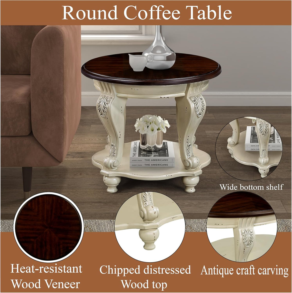 Round Wood End Table with Shelf for Living Room Small Accent Side Table 2-Tier Small Nightstand Easy Assemble, Beige + Espresso