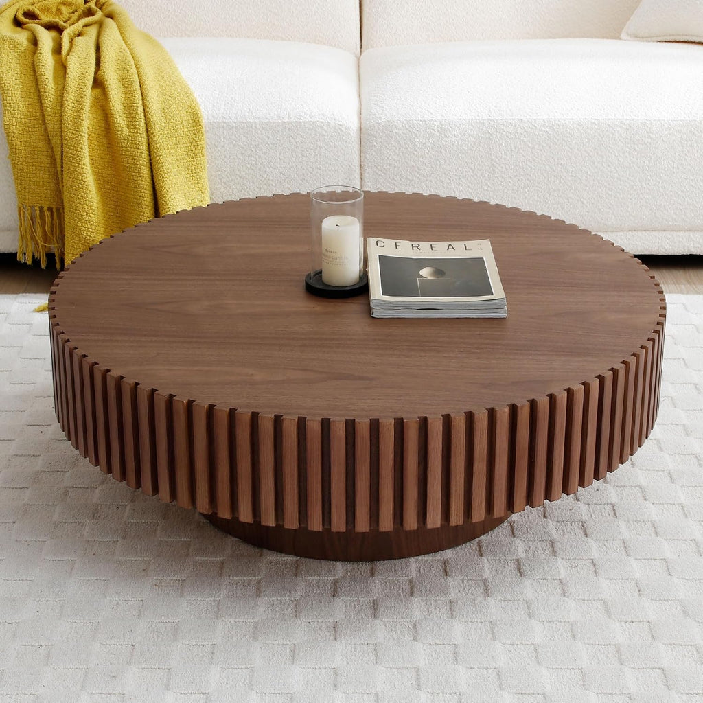 Round Coffee Table,35.43' Modern Handcraft Relief Drum Wood Circle Side End Table Accent Center Table for Living Room, Apartment, Small Space,Walnut