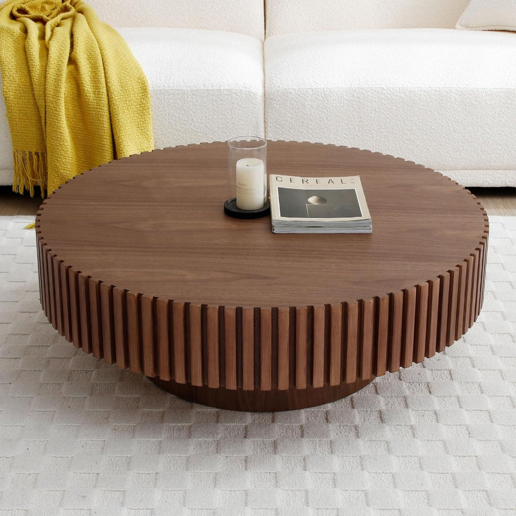Round Coffee Table,31.49' Modern Handcraft Relief Drum Wood Circle Side End Table Accent Center Table for Living Room, Apartment, Small Space,Walnut