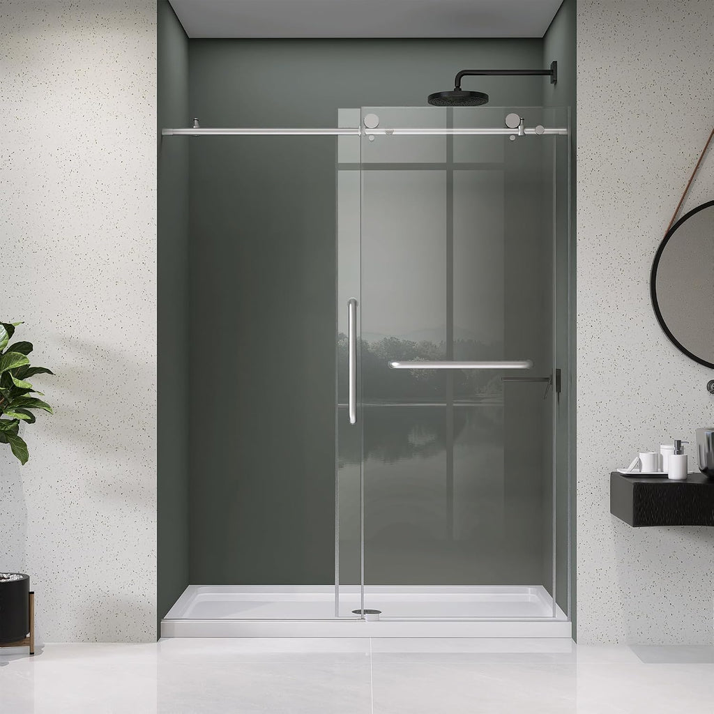 Frameless Shower Door 56-60' W x 75' H Single Sliding Shower Glass Doors for Walk-in Bathroom 1/4' Clear Easy Clean Glass Extra Tall Modern Bathroom Doors in Brushed Nickel