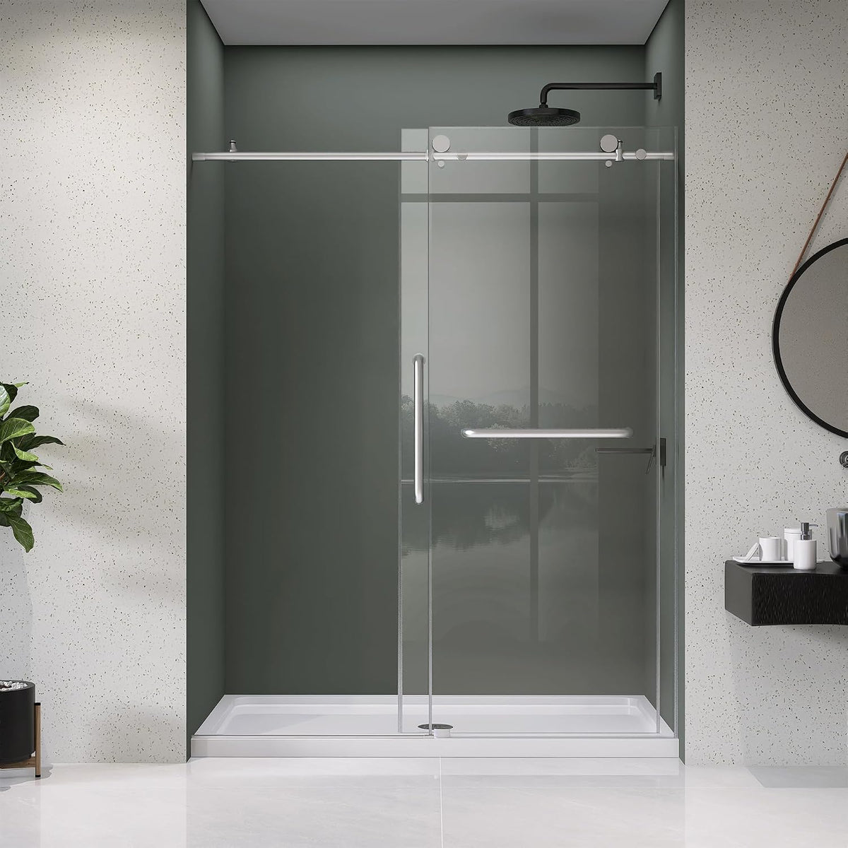 Frameless Shower Door 56-60' W x 75' H Single Sliding Shower Glass Doors for Walk-in Bathroom 1/4' Clear Easy Clean Glass Extra Tall Modern Bathroom Doors in Brushed Nickel